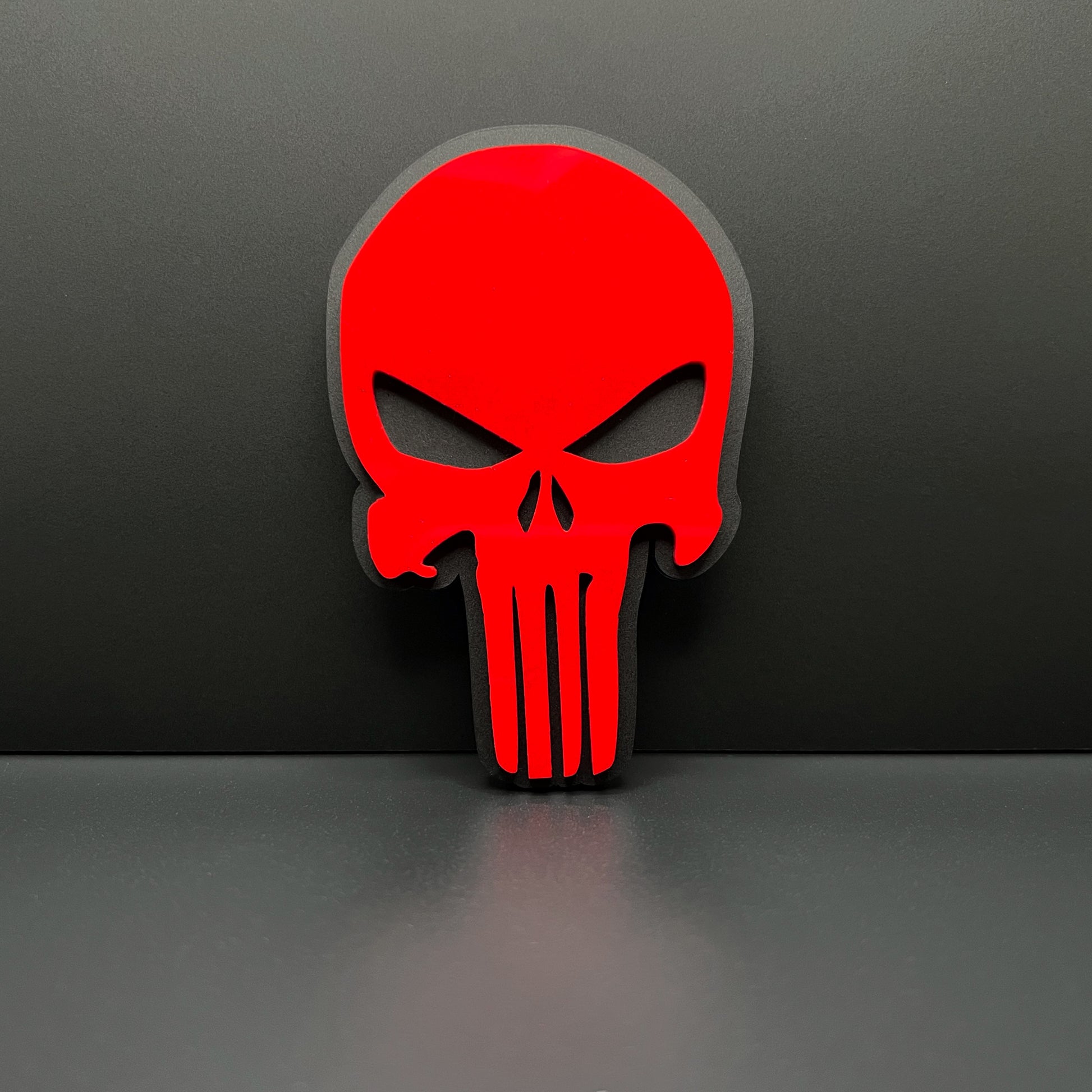 Black and Red PUNISHER Head Emblem by FMSgear with bold red skull design on black background