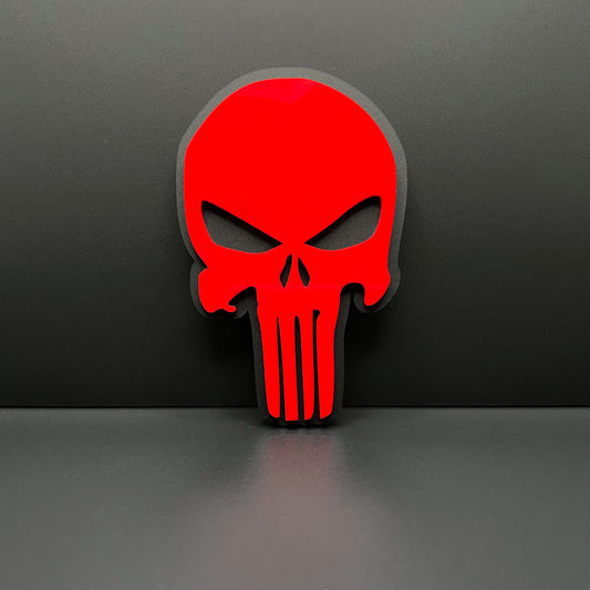 Black and Red PUNISHER Head Emblem by FMSgear with bold red skull design on black background