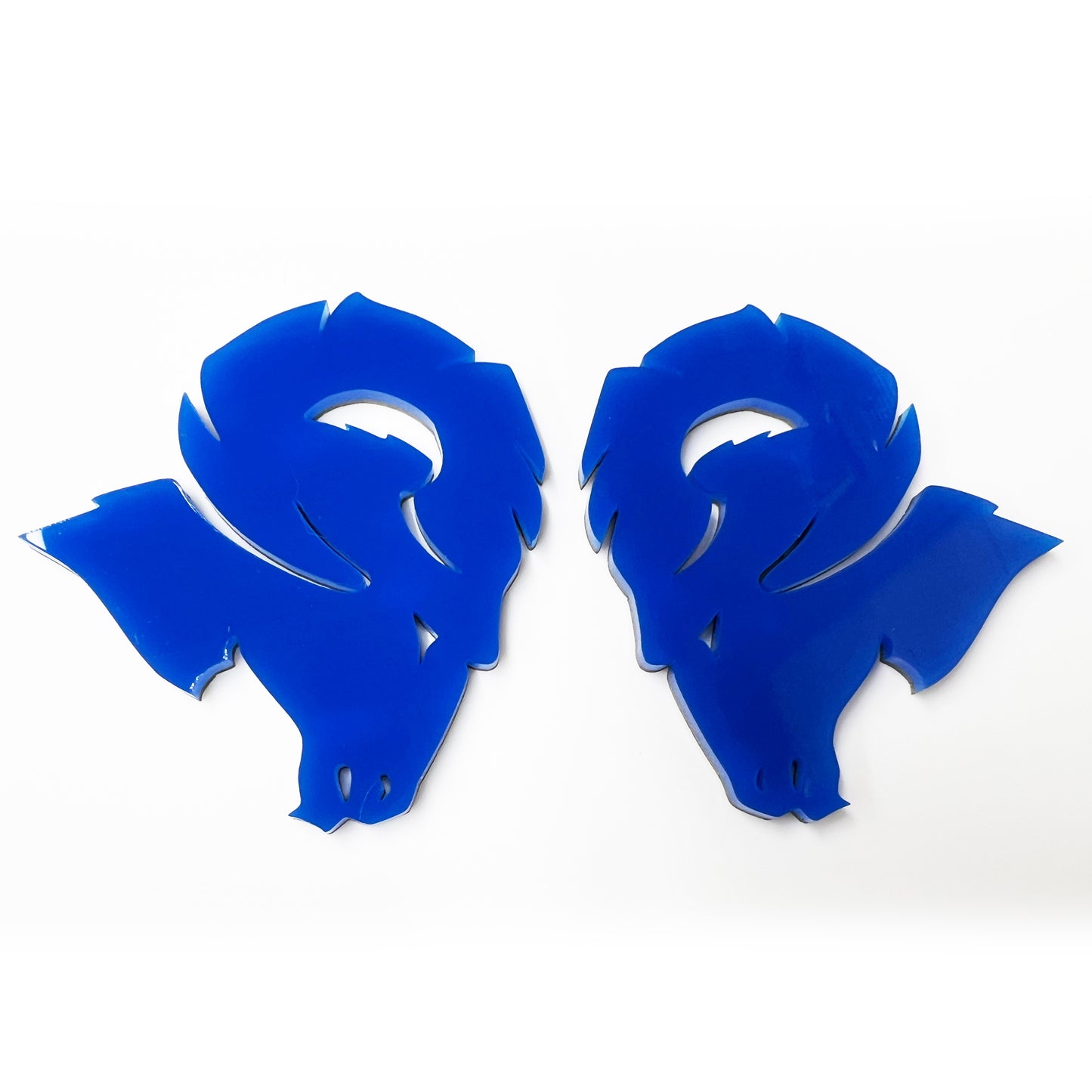 FMSgear Custom Dodge Ram Hellcat Emblem pair in glossy blue finish for vehicle customization