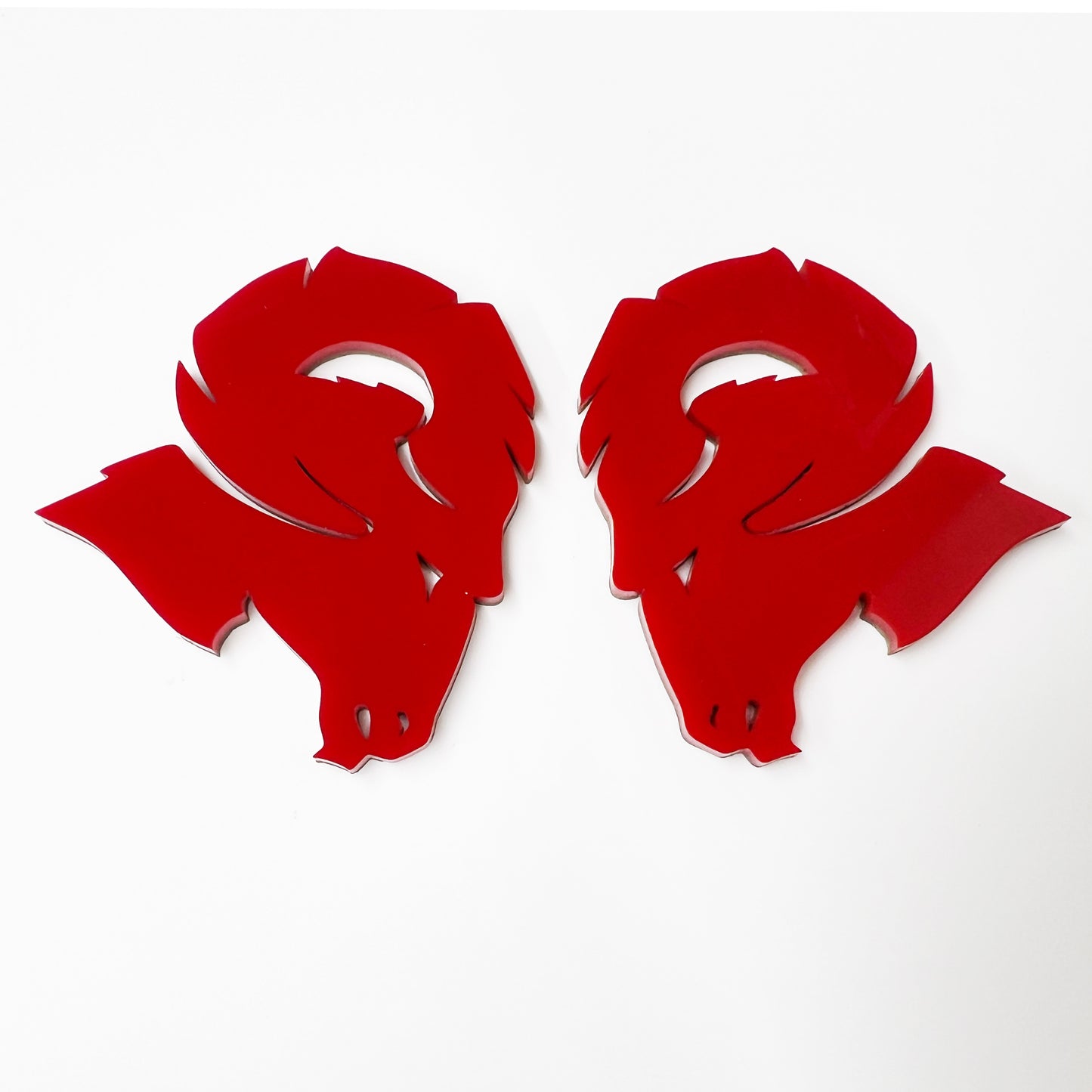 FMSgear Custom Dodge Ram Hellcat Emblem pair in glossy red with ram head design on white background
