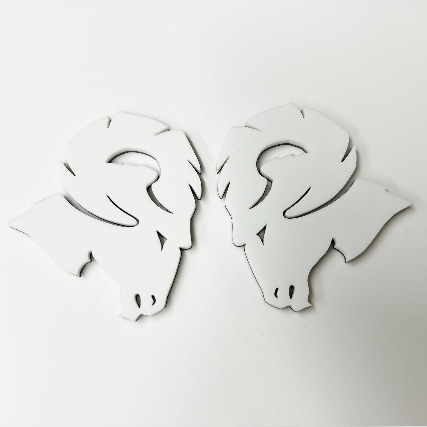 FMSgear Custom Dodge Ram Hellcat Emblem pair in white with ram head design for vehicle customization