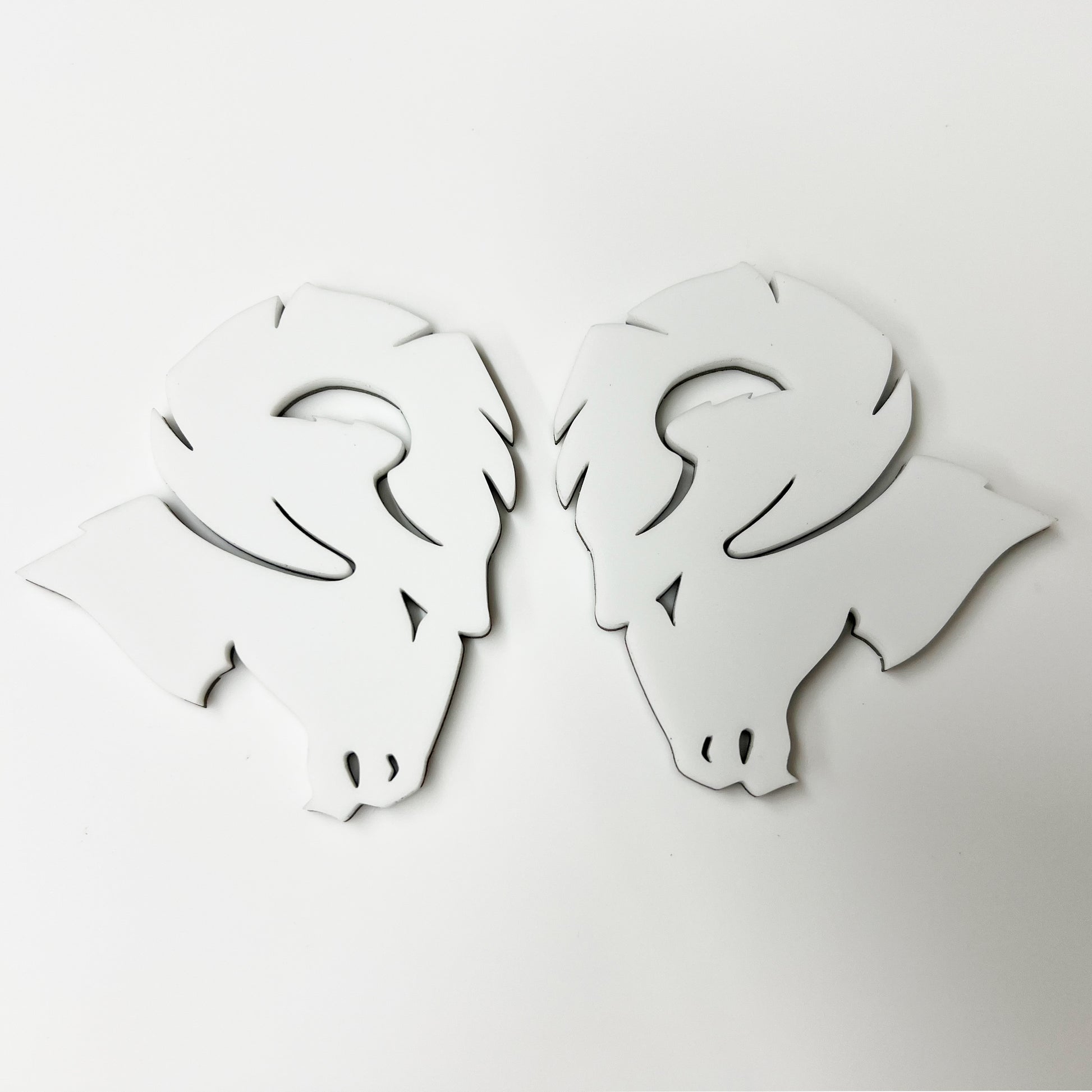 FMSgear Custom Dodge Ram Hellcat Emblem pair in white with ram head design for vehicle customization