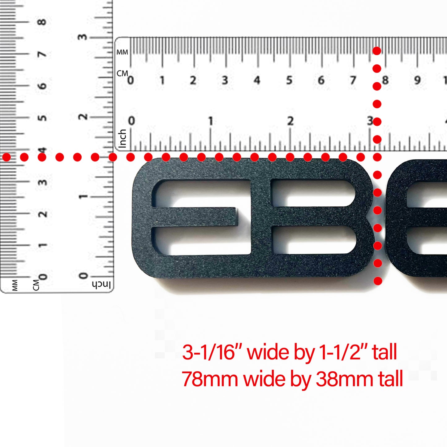 FMSgear custom emblems Ford Mustang f-150 showing detailed size measurement with rulers