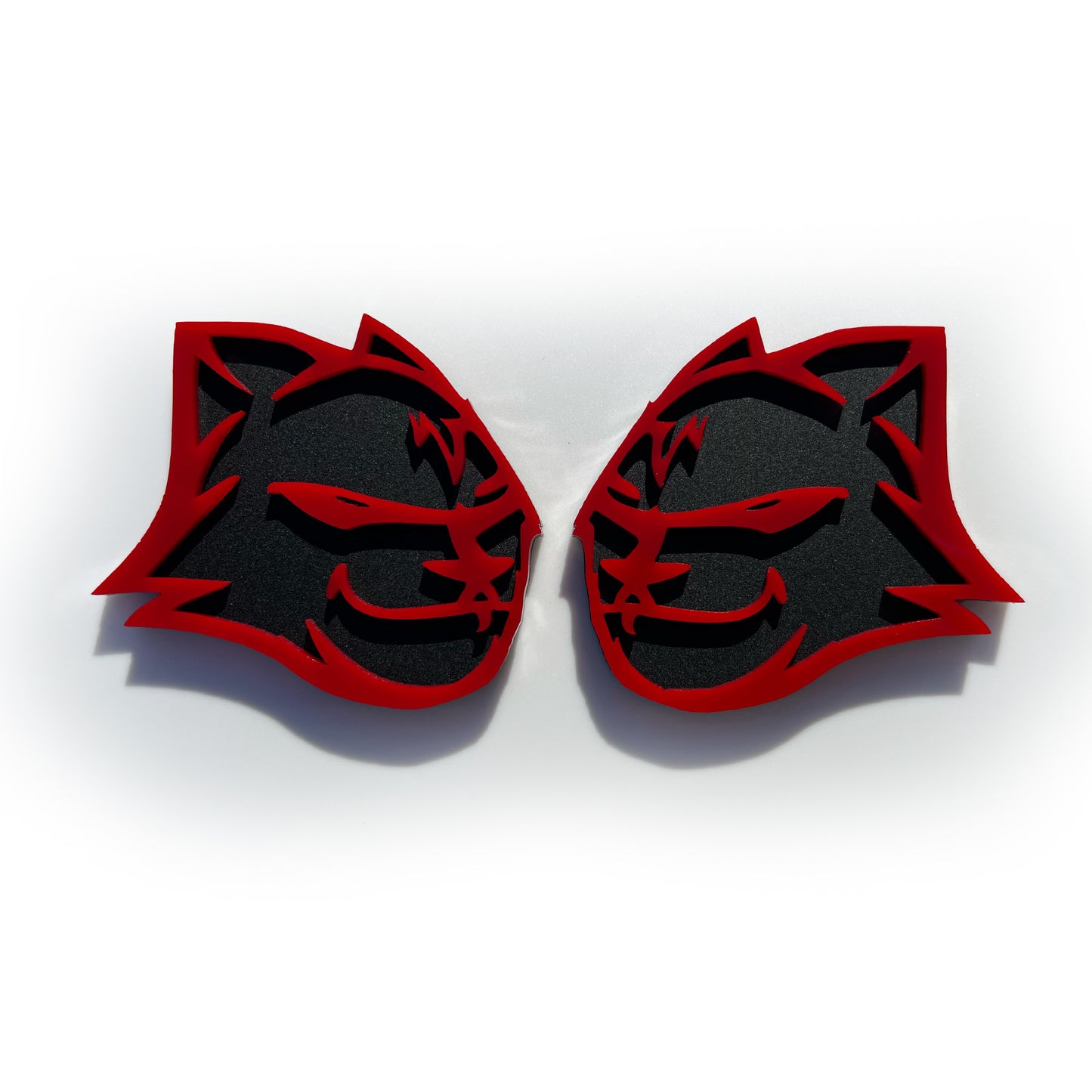 Custom HellKitten emblems for Dodge with black and red cat face design by FMSgear