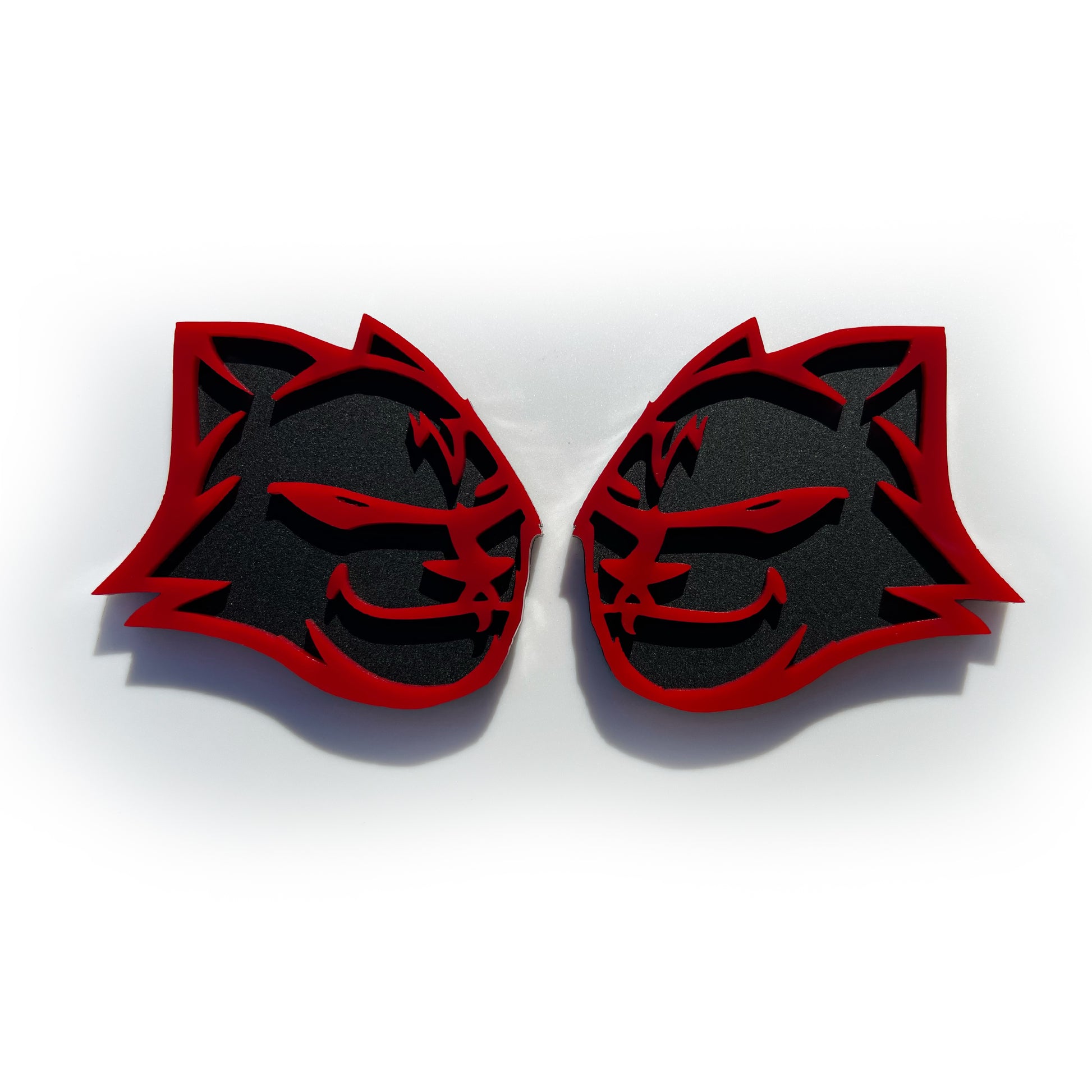 Custom HellKitten emblems for Dodge with black and red cat face design by FMSgear
