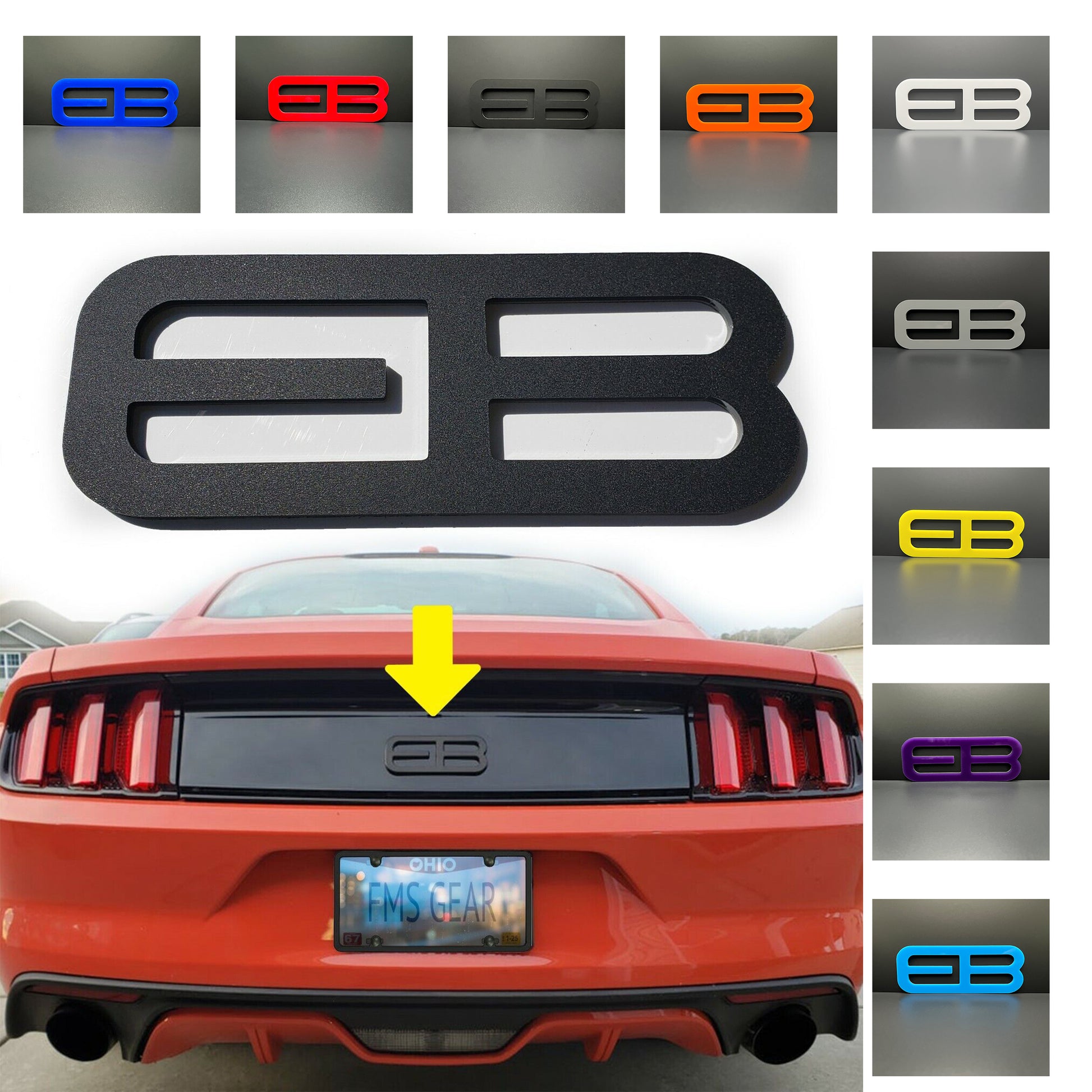 FMSgear emblems showing various colors with custom rear trunk logo for Mustang 2015-2025 on red Mustang rear