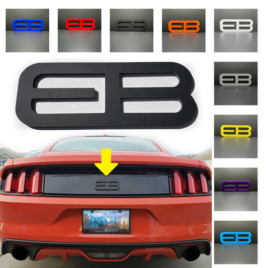 FMSgear emblems showing various colors with custom rear trunk logo for Mustang 2015-2025 on red Mustang rear