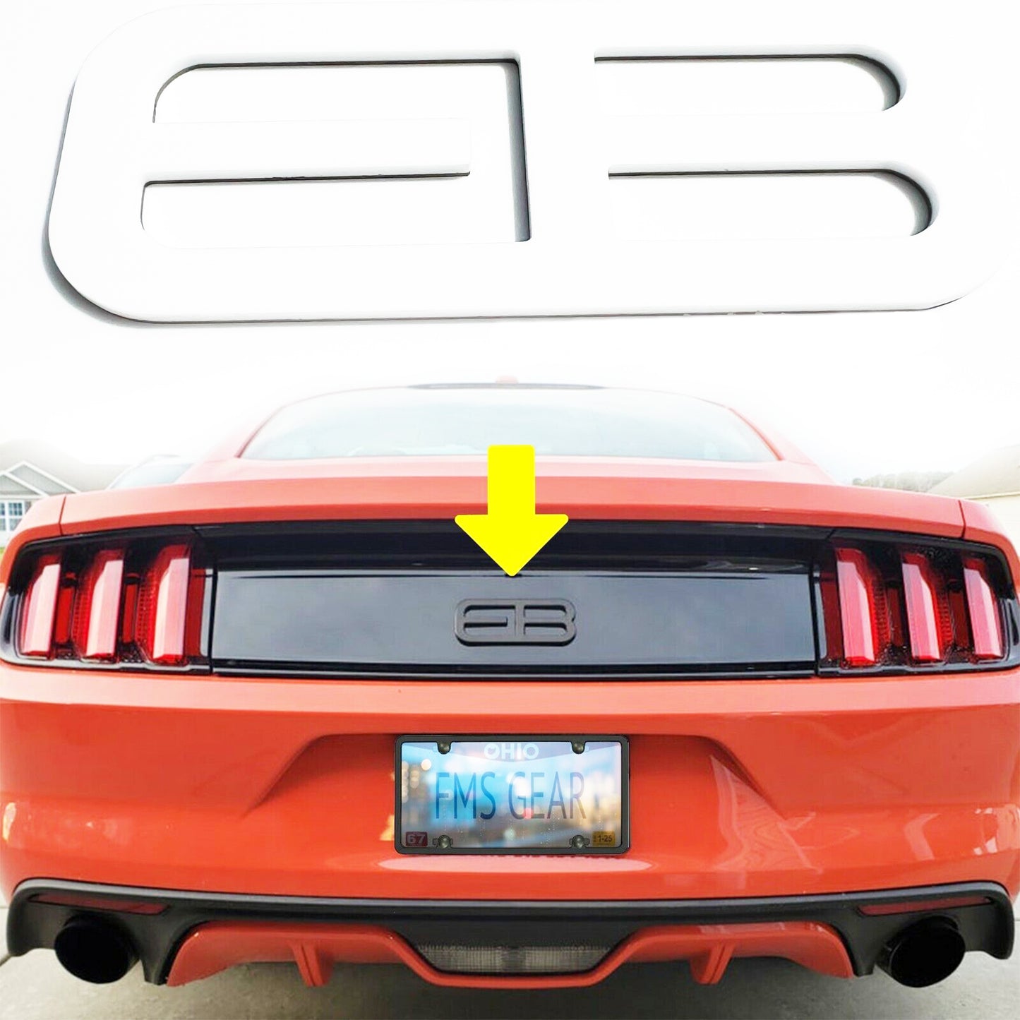 FMSgear custom rear trunk logo for Mustang 2015-2025 installed on orange Mustang rear panel
