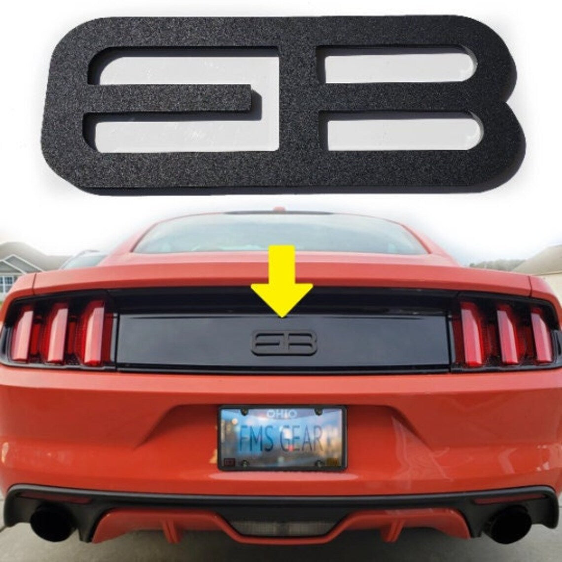 Black custom rear trunk logo for Mustang 2015-2025 emblem by FMSgear on red Mustang car