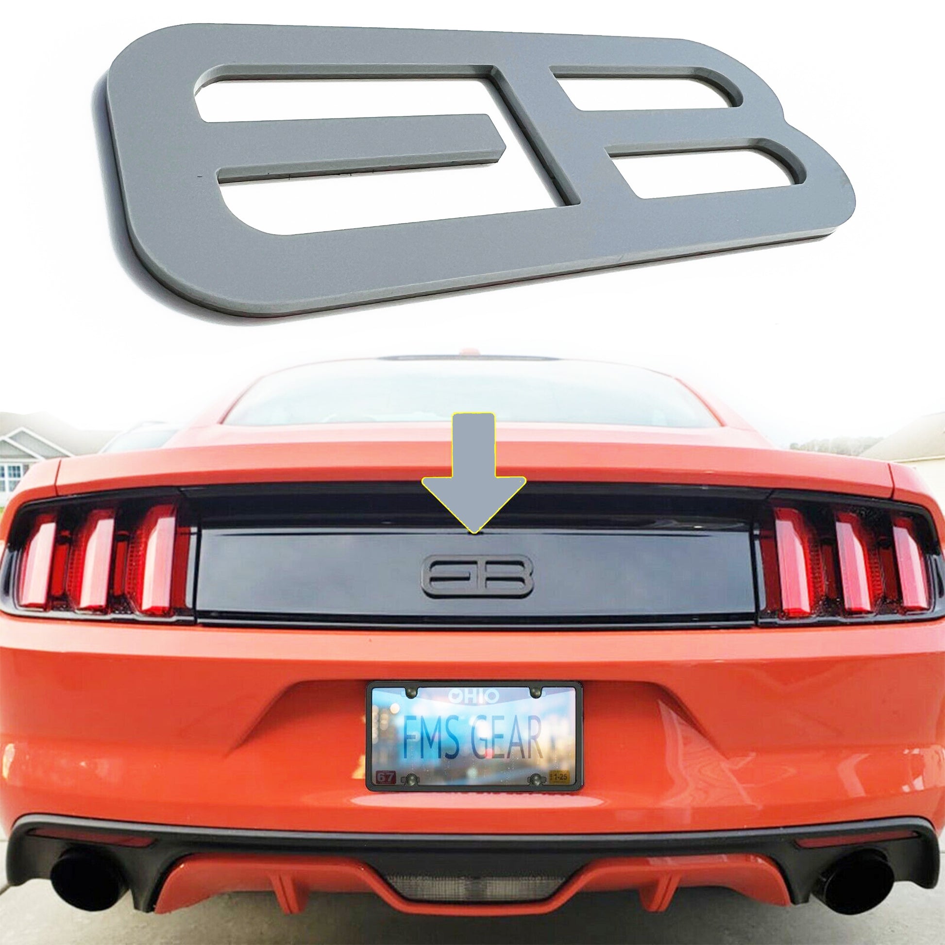 FMSgear custom rear trunk logo for Mustang 2015-2025 installed on orange Mustang rear black trunk panel