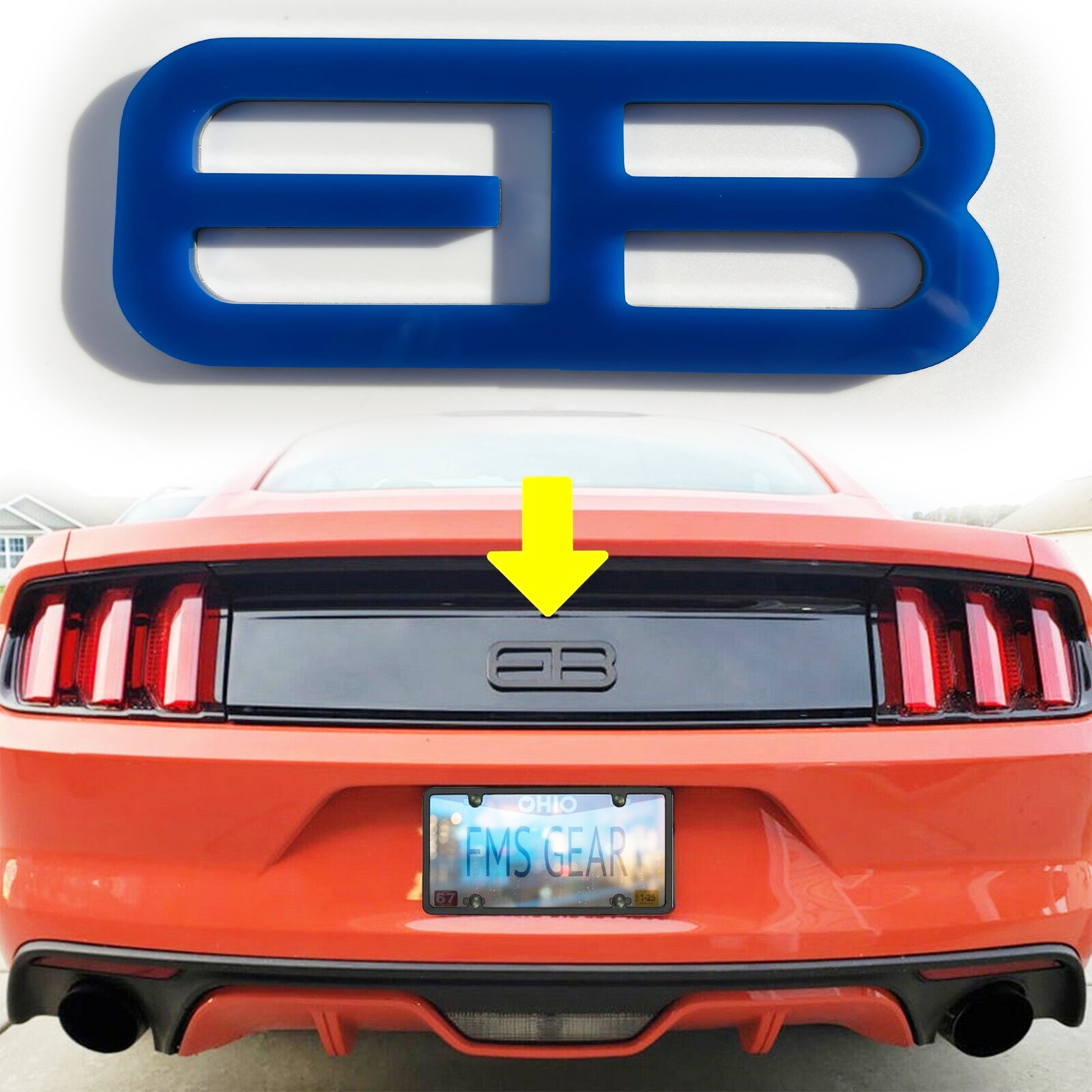 Custom rear trunk logo for Mustang 2015-2025 by FMSgear installed on red Mustang car back