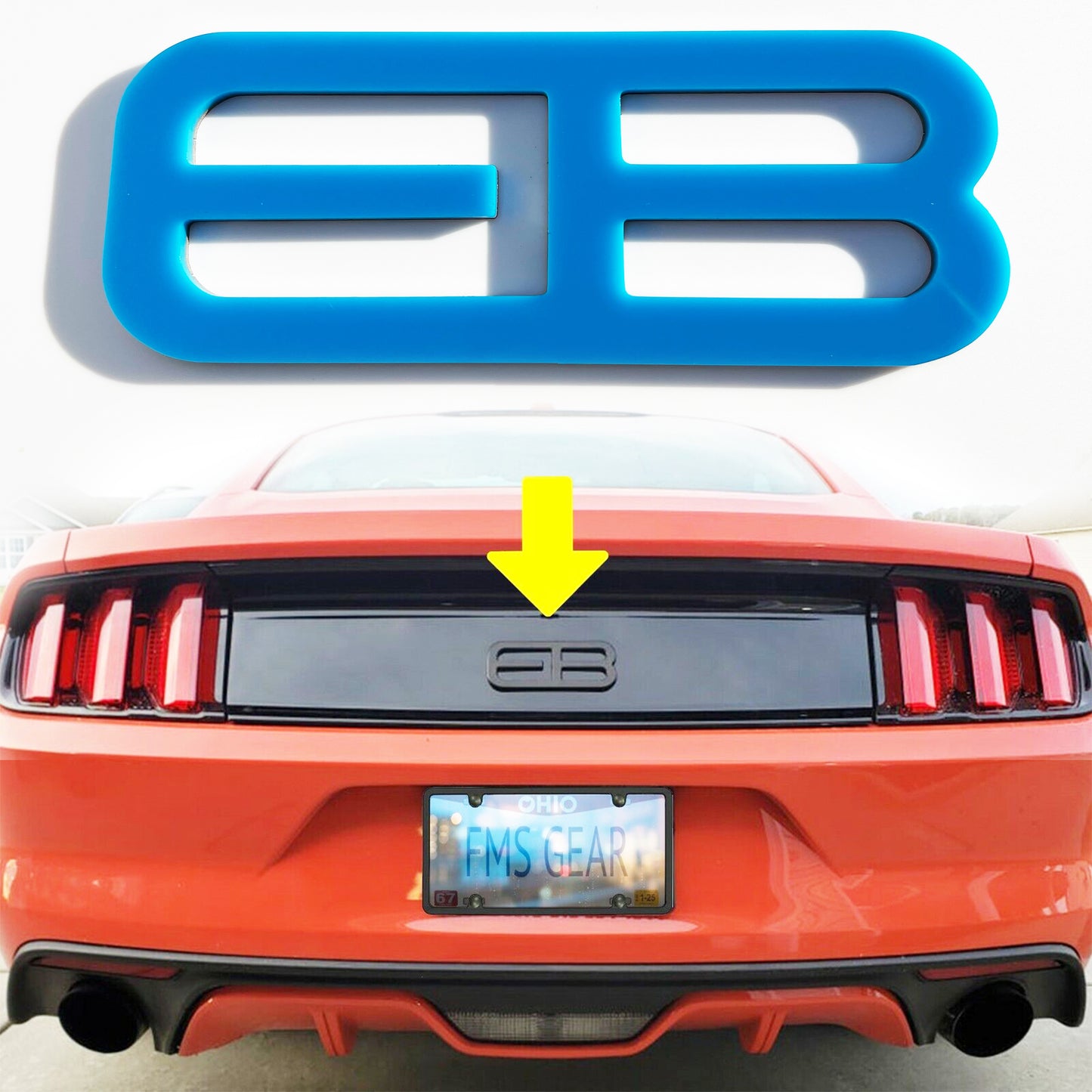 Blue custom rear trunk logo for Mustang 2015-2025 badge by FMSgear shown above red Mustang car trunk