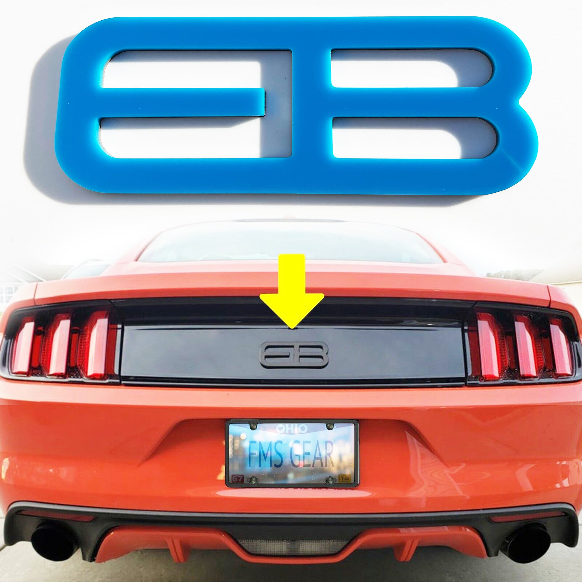Blue custom rear trunk logo for Mustang 2015-2025 badge by FMSgear shown above red Mustang car trunk