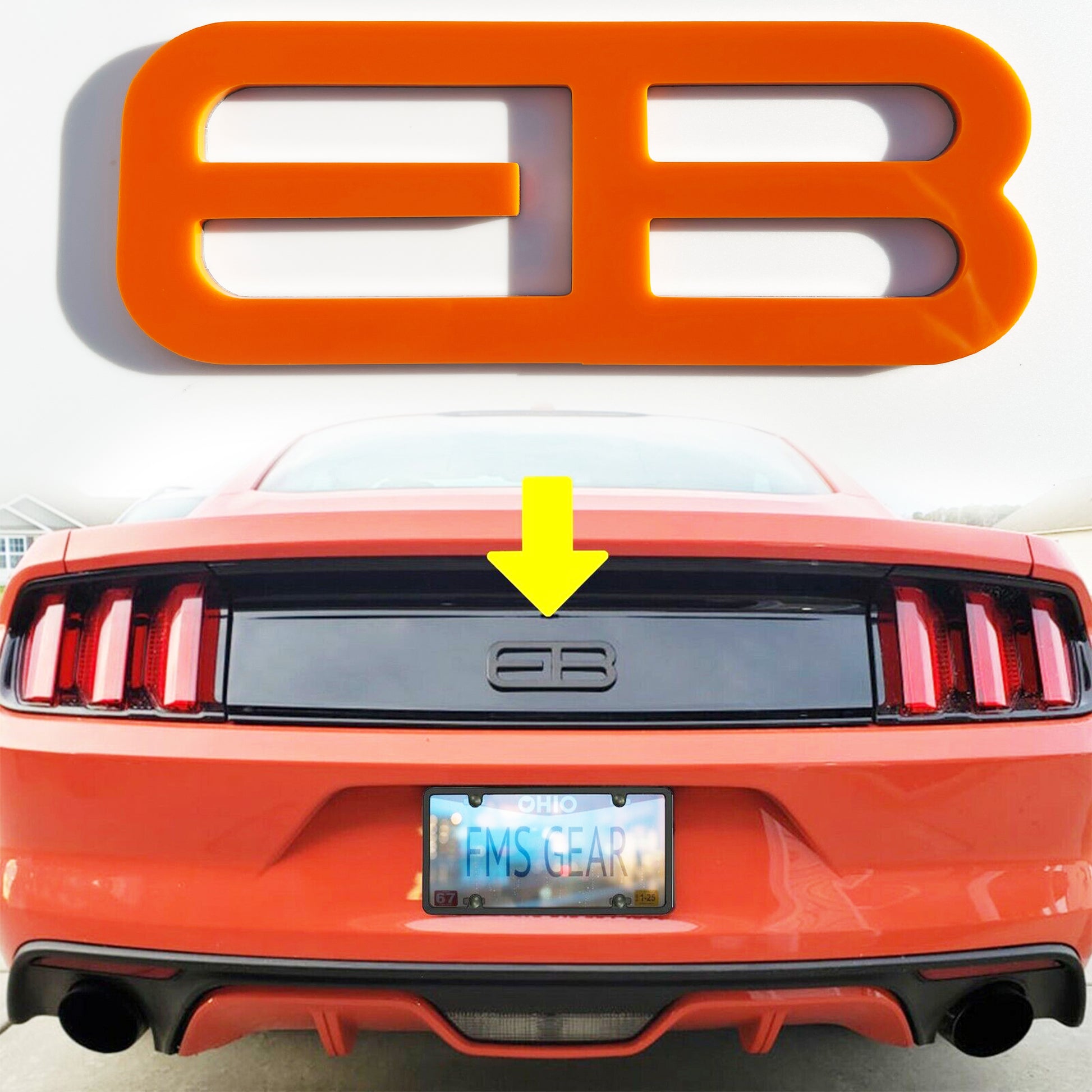 FMSgear orange custom rear trunk logo for Mustang 2015-2025 installed on red Mustang tailgate