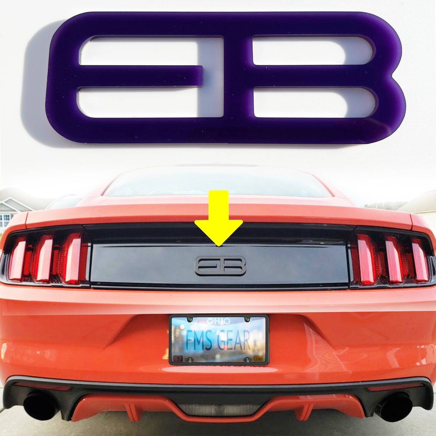 FMSgear custom rear trunk logo for Mustang 2015-2025 installed on red Mustang rear panel
