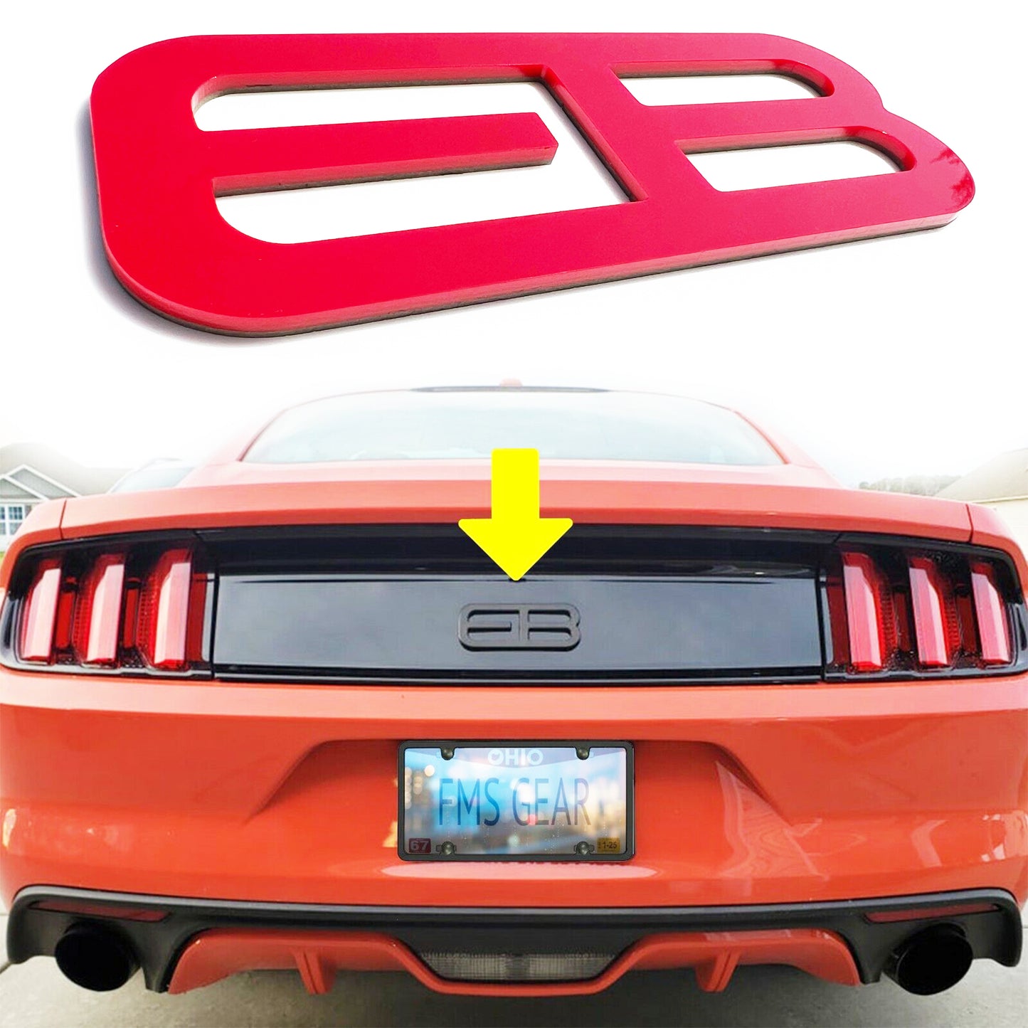 FMSgear custom rear trunk logo for Mustang 2015-2025 in red and black installed on orange Mustang rear