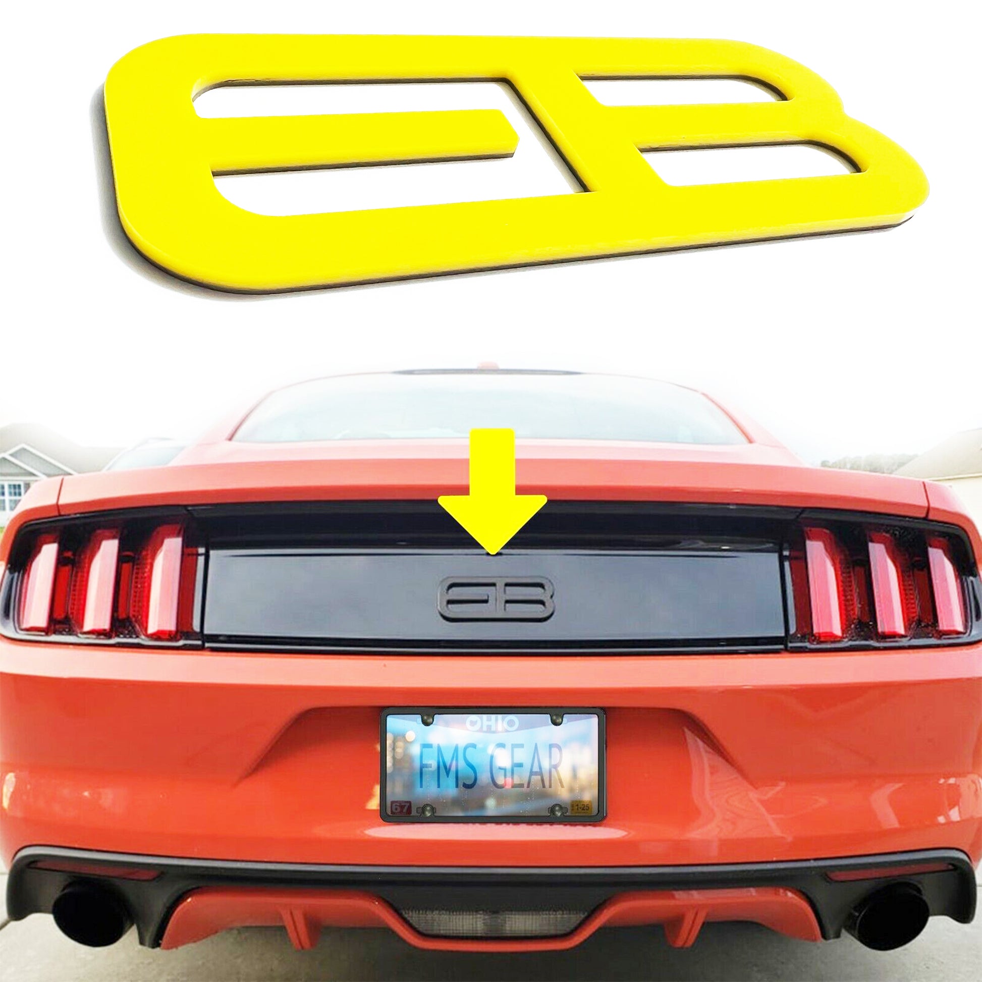 FMSgear custom rear trunk logo for Mustang 2015-2025 in yellow and installed on orange Mustang rear