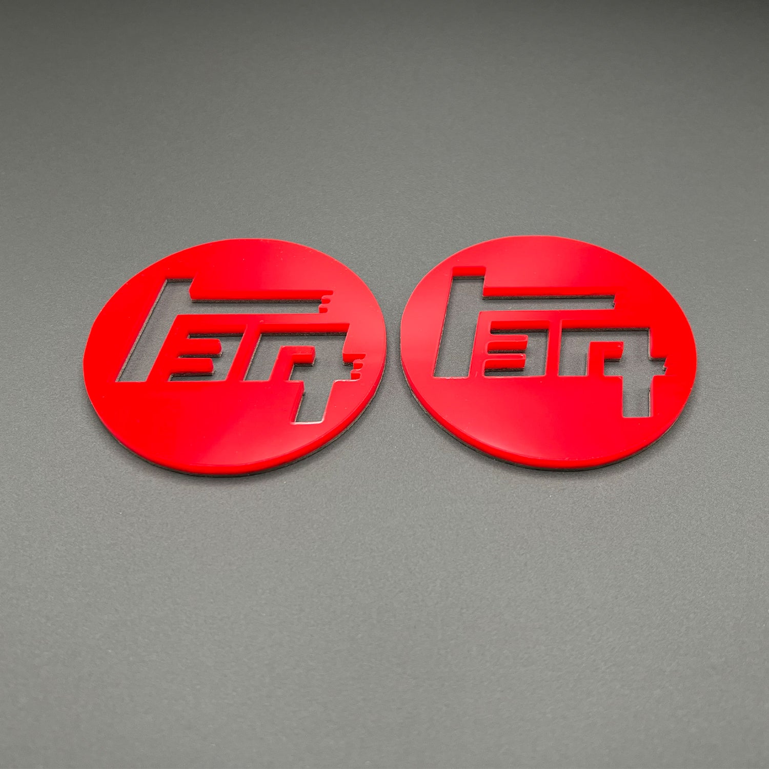 FMSgear custom Toyota TEQ emblem set in red round design with cutout lettering on gray background