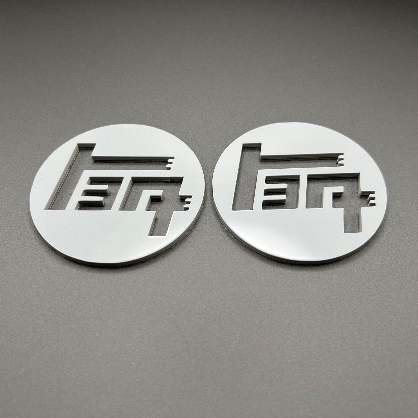 FMSgear custom Toyota TEQ emblem set with polished silver finish on gray background