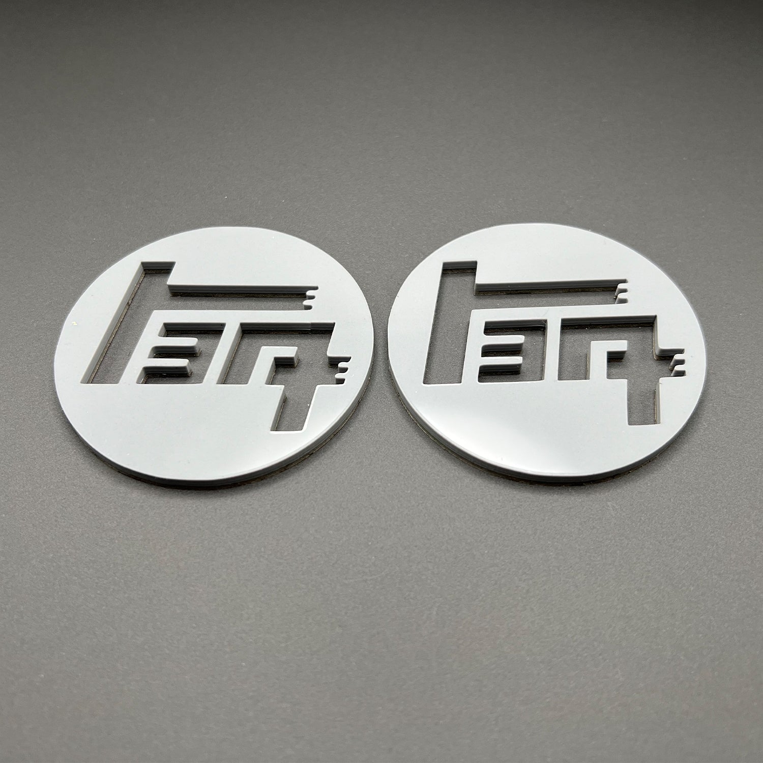 FMSgear custom Toyota TEQ emblem set with polished silver finish on gray background