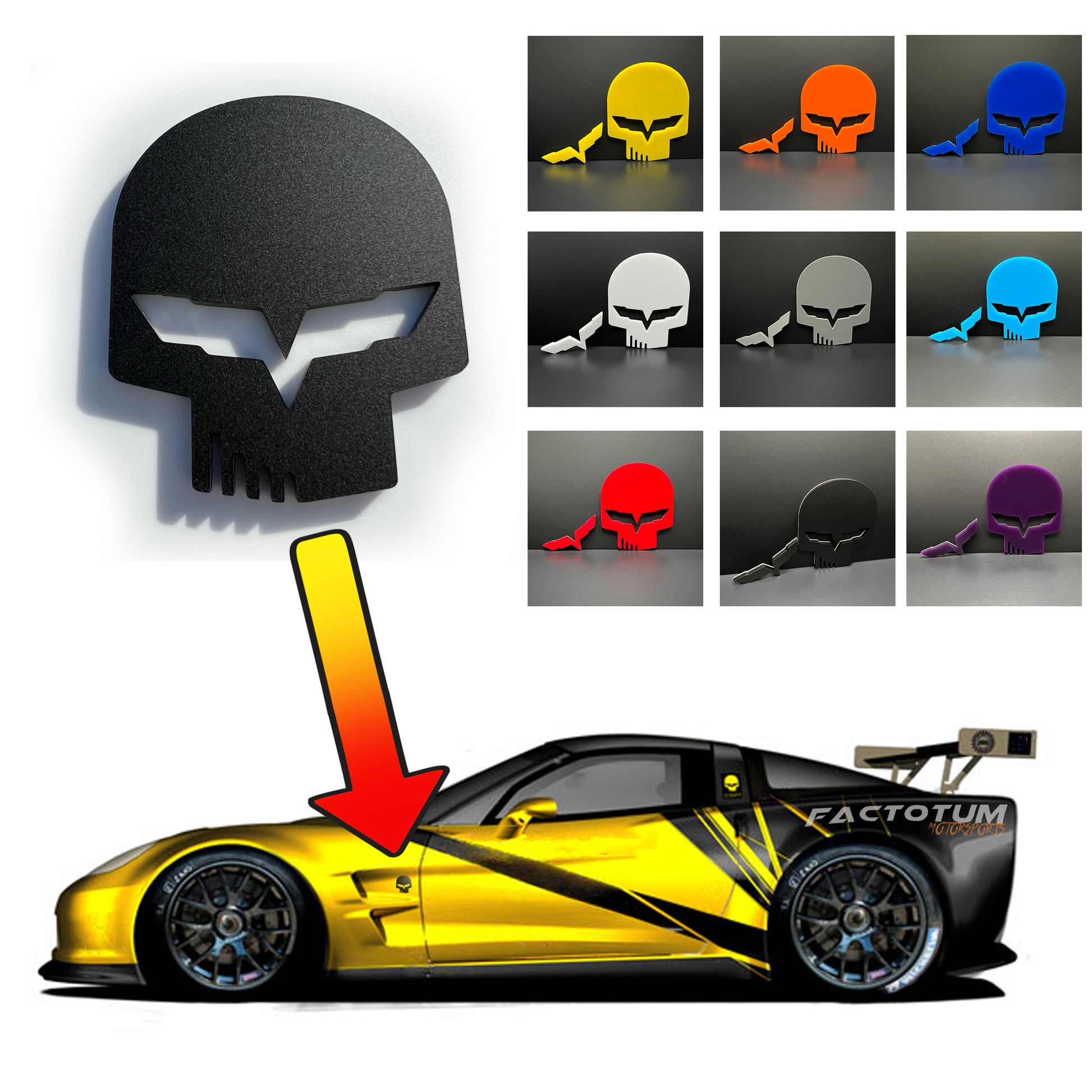 Jake skull badge for Corvette in multiple colors displayed above yellow race Corvette with badge location highlighted