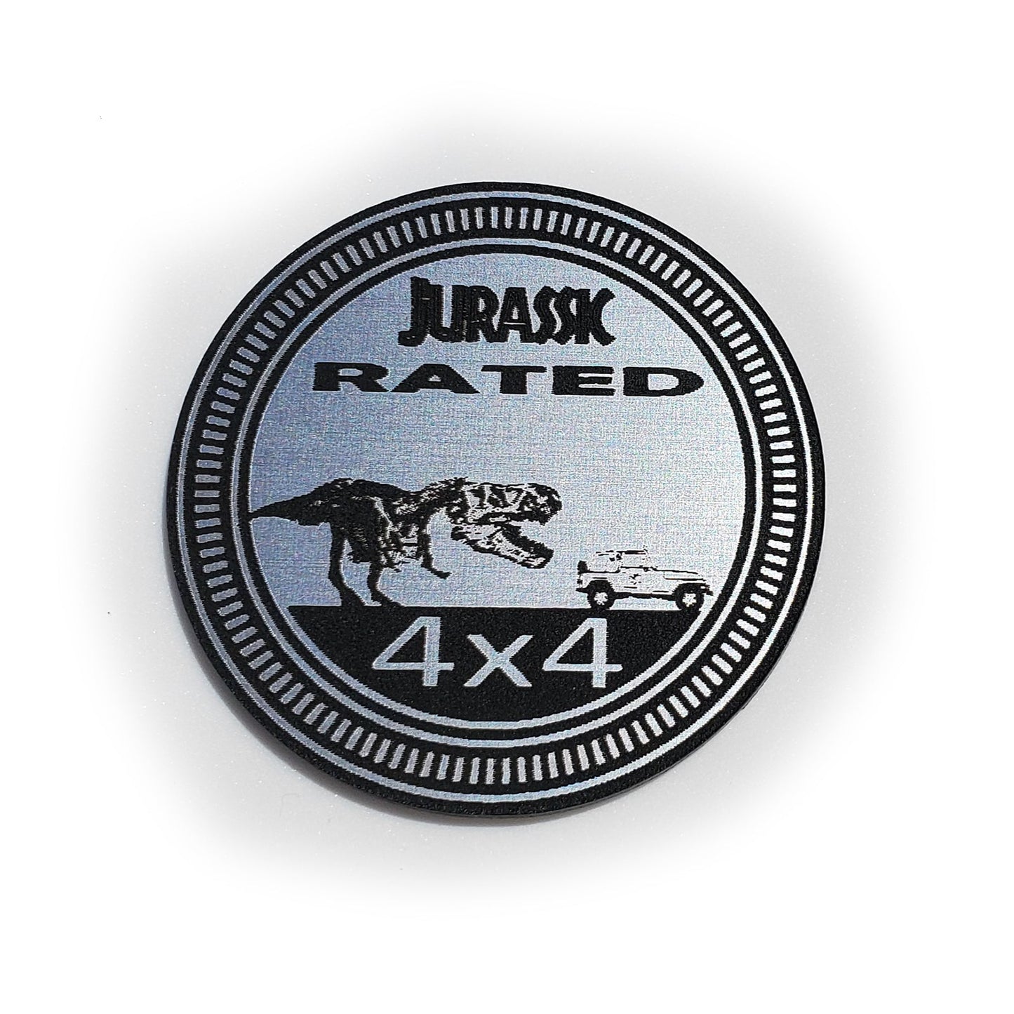 Jurassic fender badge for jeep with 4x4 design featuring dinosaur and off-road vehicle