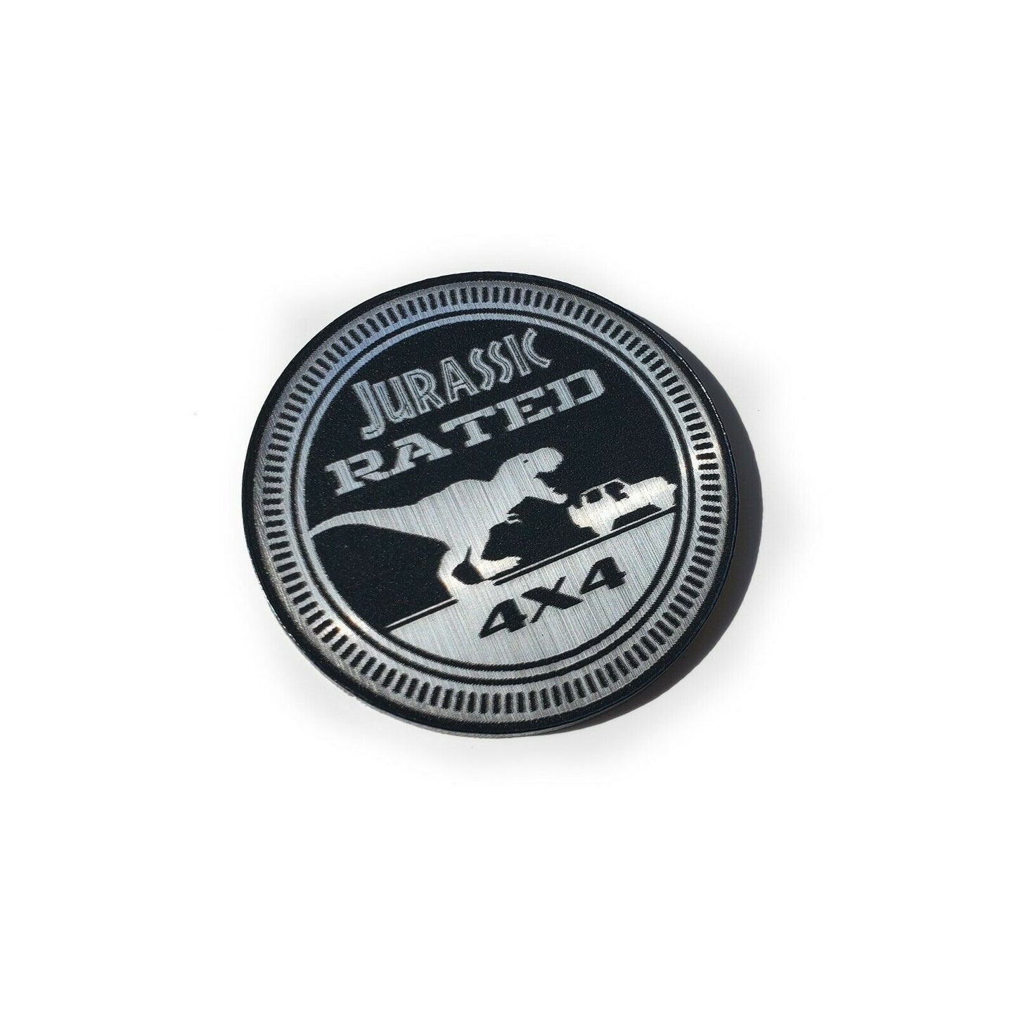Jurassic fender badge for jeep by FMSgear featuring a dinosaur and 4x4 design emblem