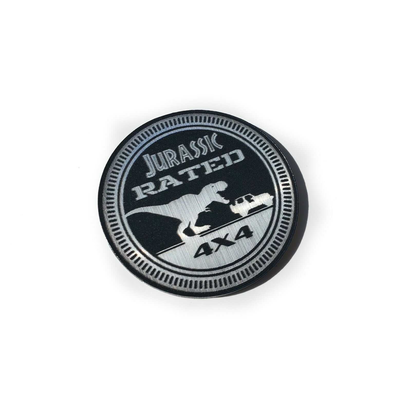 Jurassic fender badge for jeep by FMSgear featuring a dinosaur and 4x4 design emblem