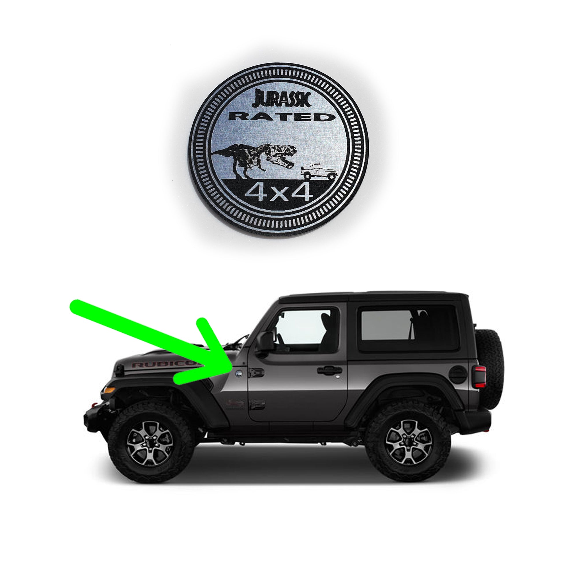 FMSgear jurassic fender badge for jeep featuring a dinosaur design attached to a black Jeep Wrangler fender