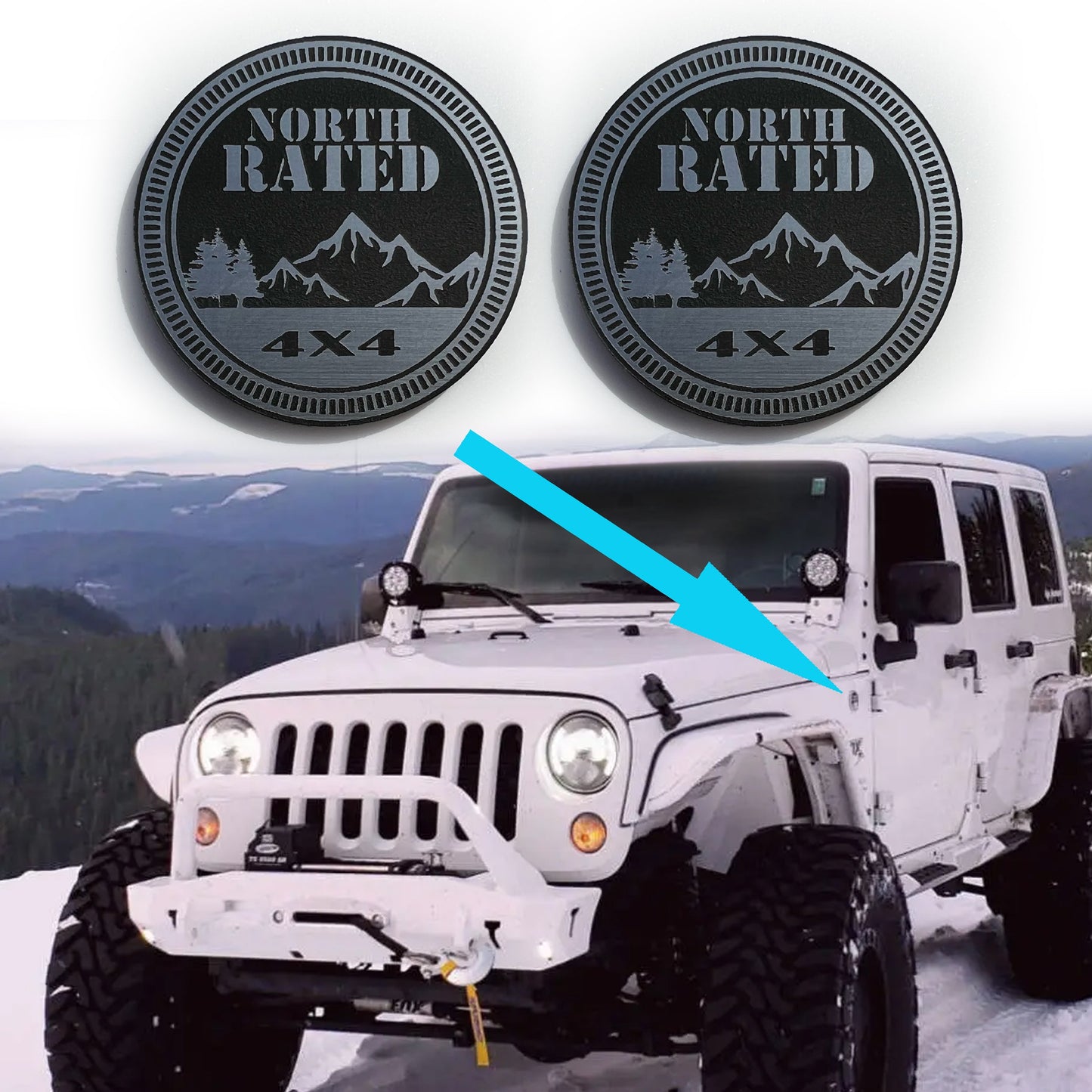 One (1) NORTH Rated Fender Badges fits JEEP WRANGLER YJ JL JK TJ CJ emblems