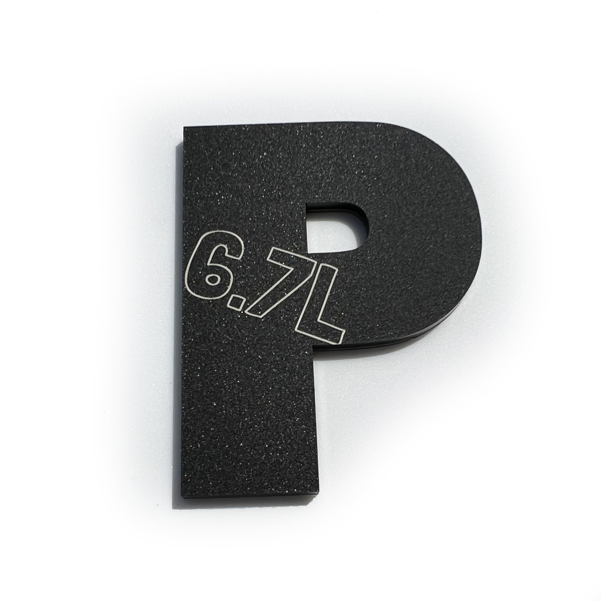 Black 6.7L letter P Power Stroke Turbo Diesel Emblem by FMSgear for trucks
