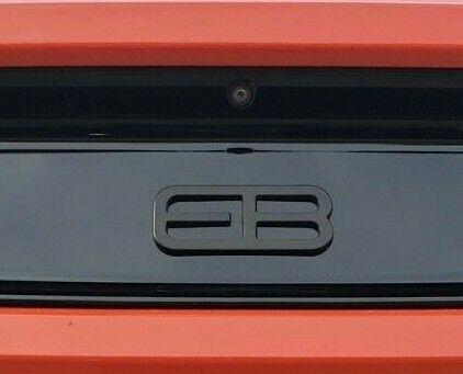 FMSgear custom rear trunk logo for Mustang 2015-2025 black emblem on rear of orange car
