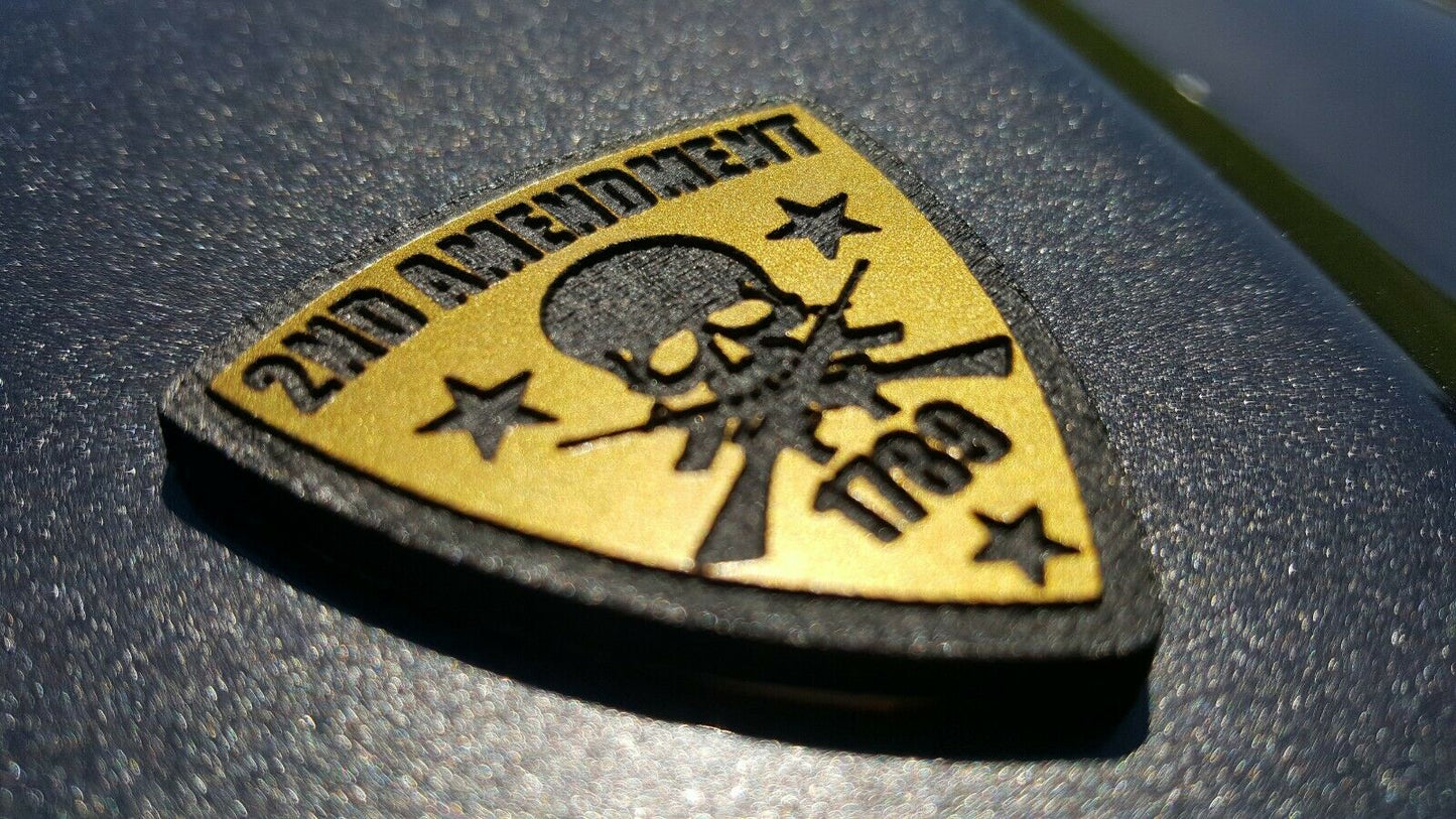 FMSgear gold and black Second Amendment car emblems with skull and rifle design on car surface