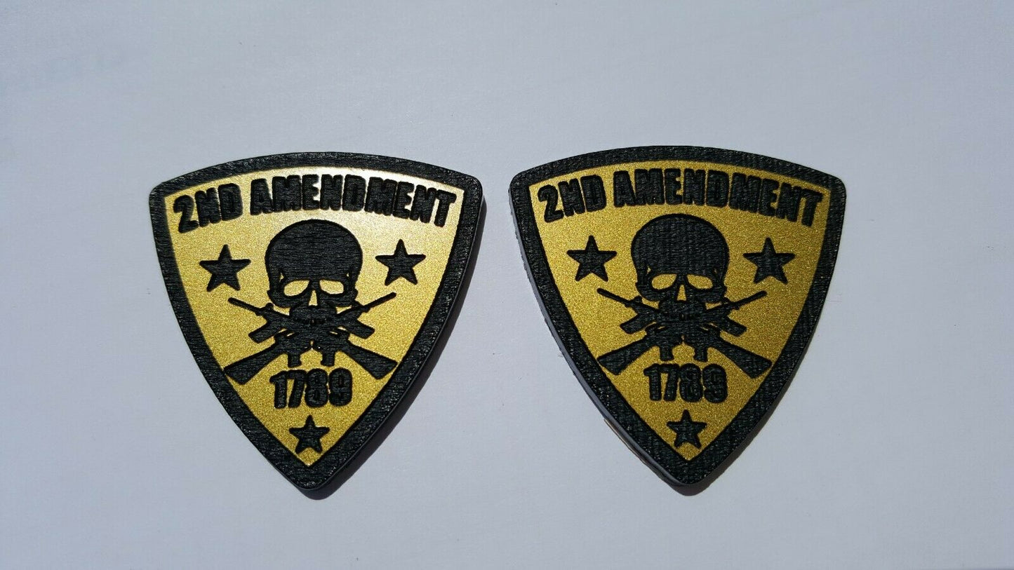 FMSgear Second Amendment car emblems with skull and crossed rifles design in black and gold